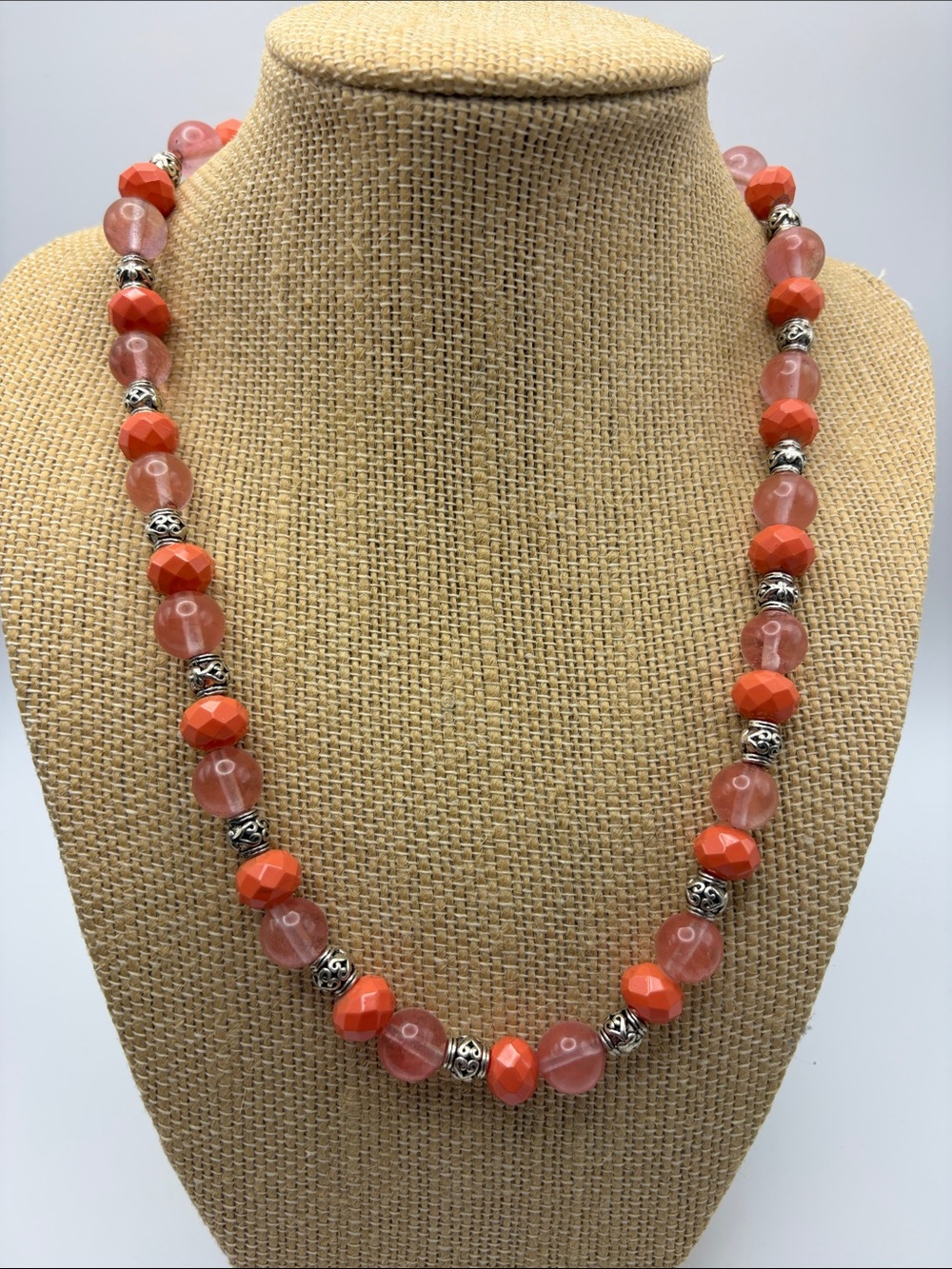 Artisan Crafted Coral Glass Beaded Necklace with Silver Accents